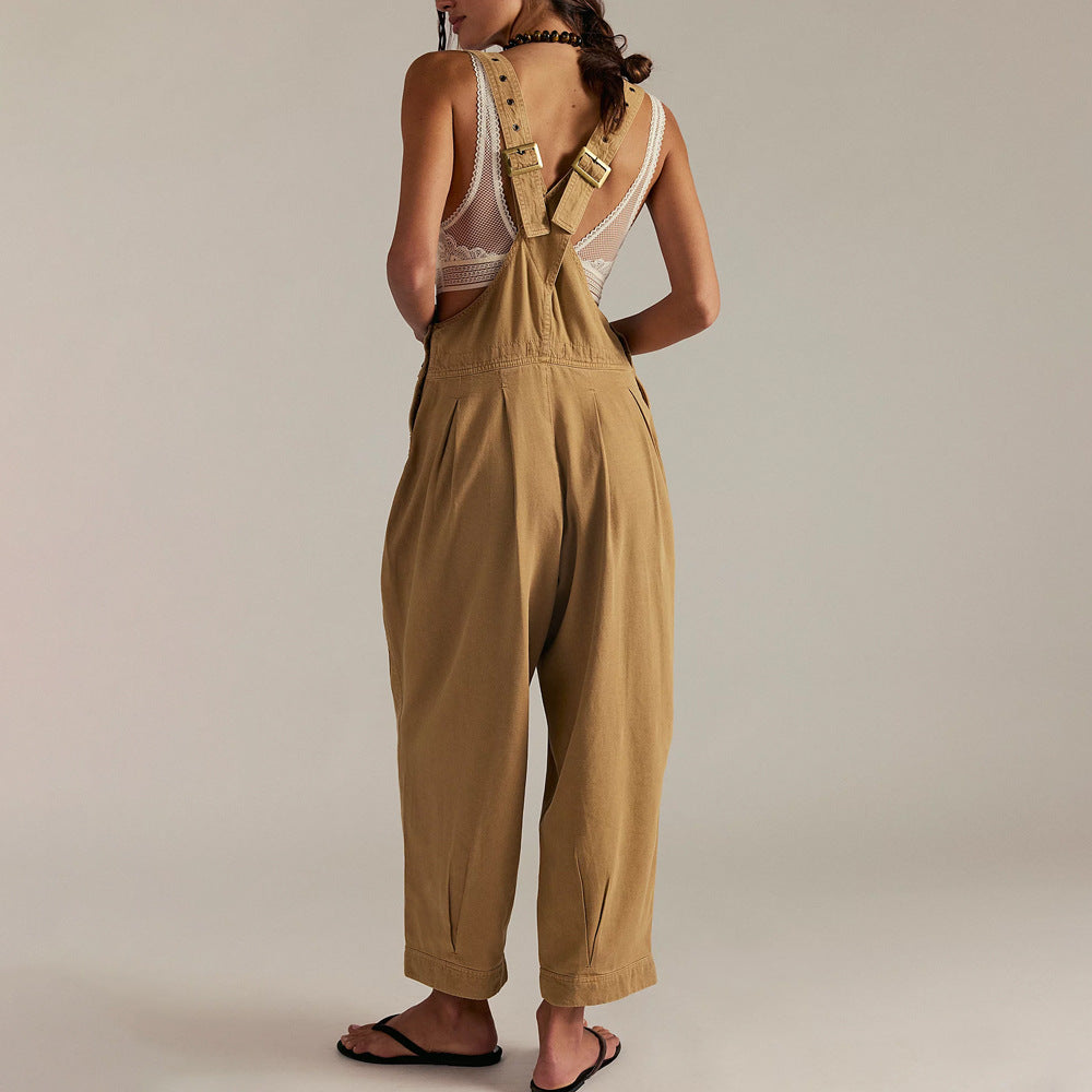 Damen lässiger Denim Overall mit tiefem V-Ausschnitt und praktischen Taschen R&B