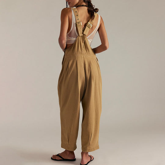 Damen lässiger Denim Overall mit tiefem V-Ausschnitt und praktischen Taschen R&B