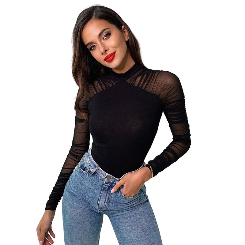 Damen Eleganter Body mit transparenten Ärmeln und speziellen Drapierungen R&B