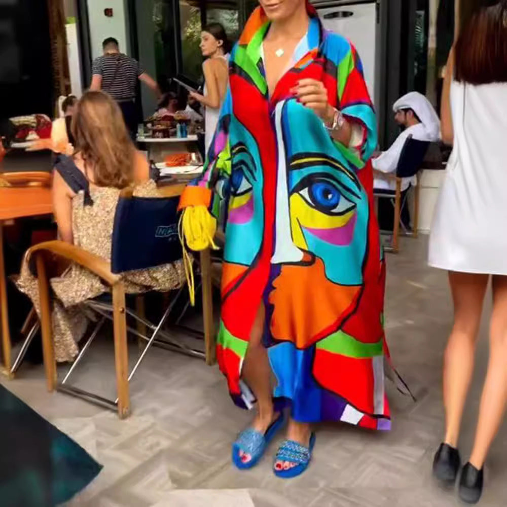 Damen nan Oversize-Hemdkaftan mit abstraktem Portraitprint und Hemdkragen R&B