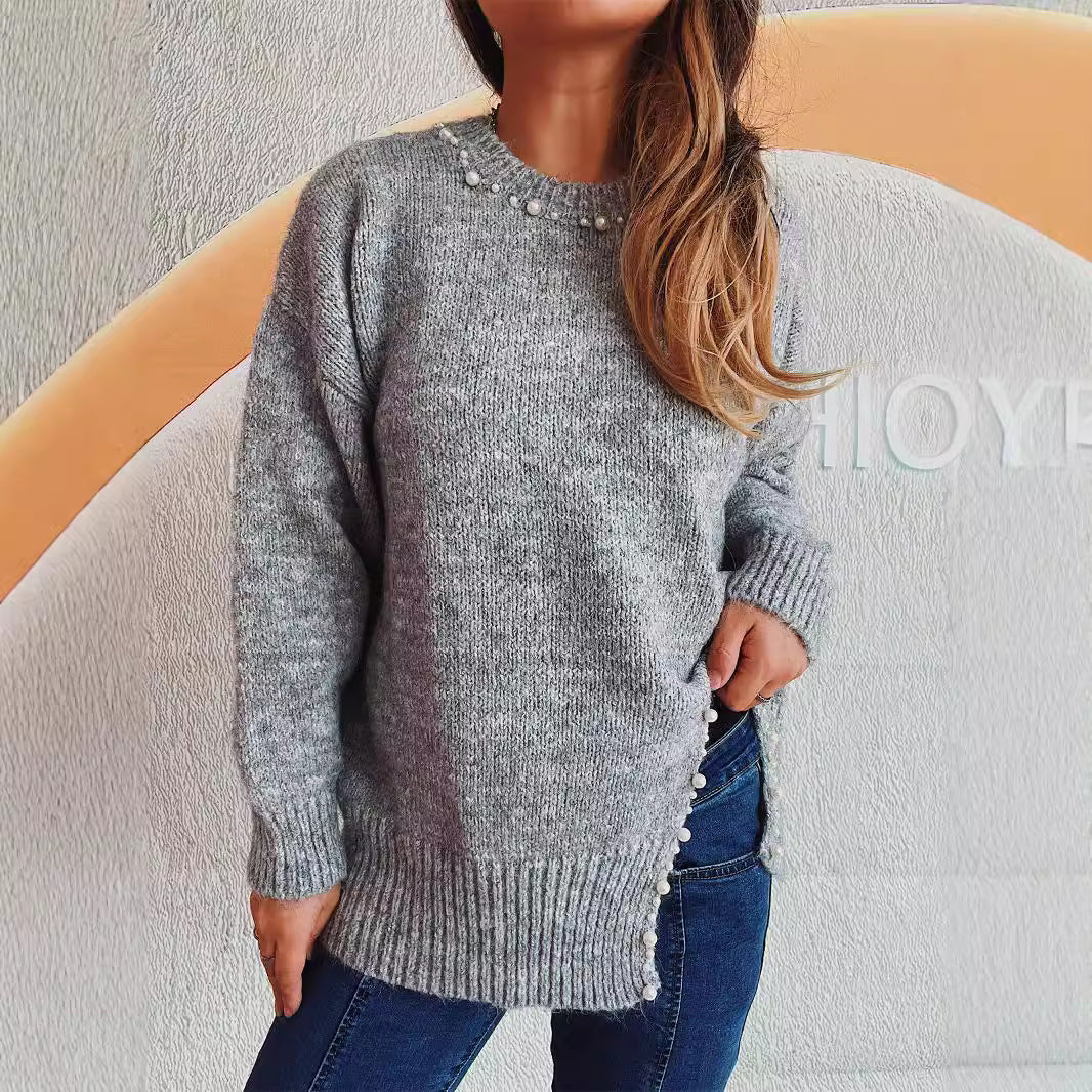 Damen Grobstrickpullover mit Perlenausschnitt und asymmetrischem Saum R&B