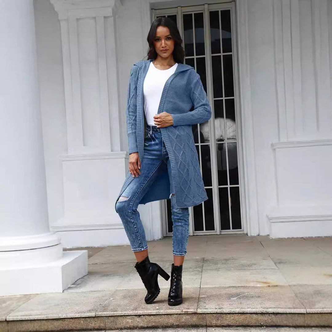 Damen Grobstrick-Kimono-Cardigan mit elegantem Zopfmuster und offenen Ärmeln R&B