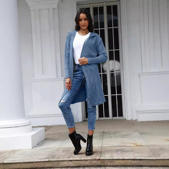 Damen Grobstrick-Kimono-Cardigan mit elegantem Zopfmuster und offenen Ärmeln R&B