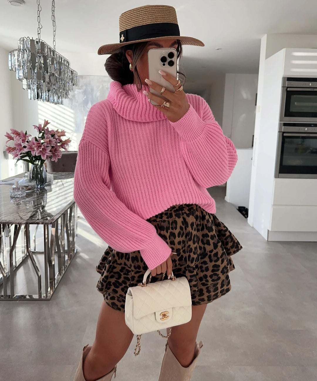 Damen Strickpullover mit hohem Kragen und voluminösen Ärmeln R&B