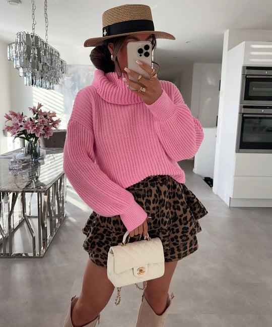 Damen Strickpullover mit hohem Kragen und voluminösen Ärmeln R&B