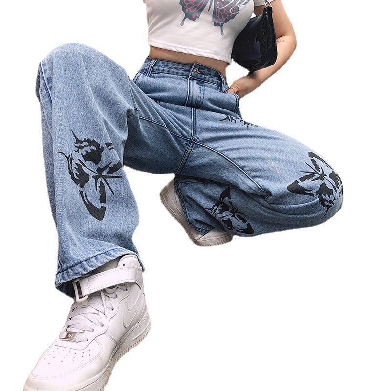 Damen weite High-Waist Jeans mit floralen Druckmotiven R&B