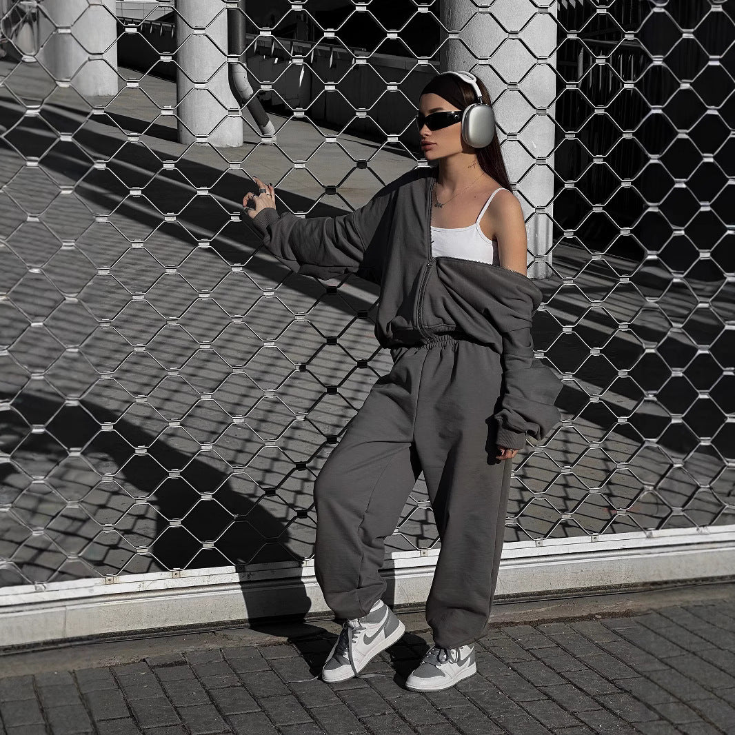 Damen lässiges Lounge-Set mit weiten Hosen und sportlicher Jacke R&B
