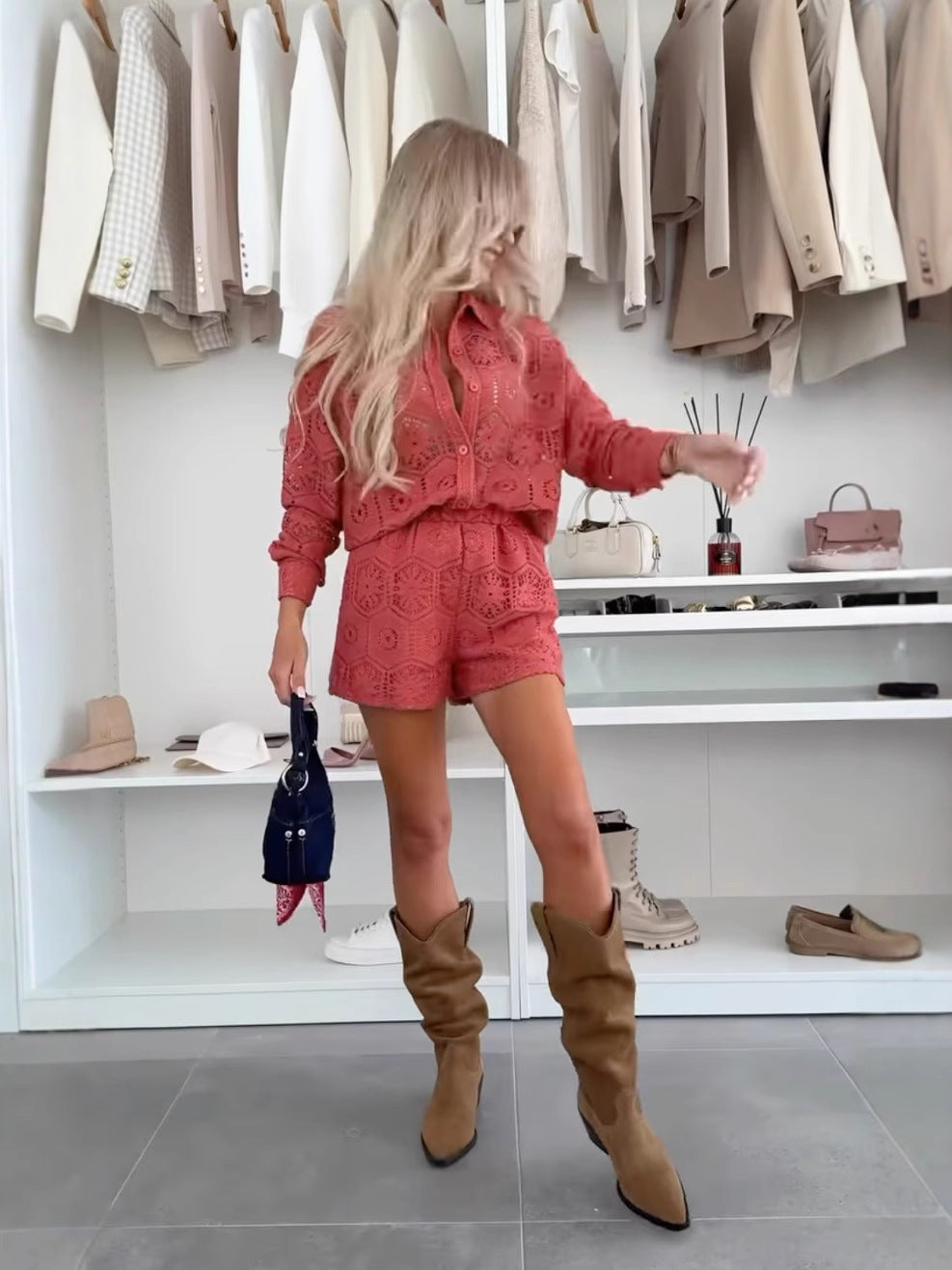 Damen nan gehäkeltes Ajour-Blusen- und Shorts-Set mit Hemdkragen und elastischem Taillenbund R&B