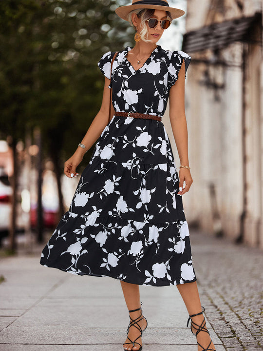 Damen Midi-Kleid mit floralen Rüschendetails und elastischem Taillengürtel R&B
