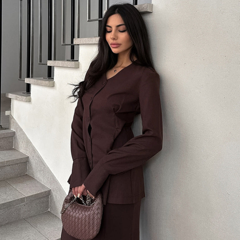 Damen Elegantes Deux-Pieces-Anzugset mit schwingendem Oberteil und bodenlangem Rock R&B