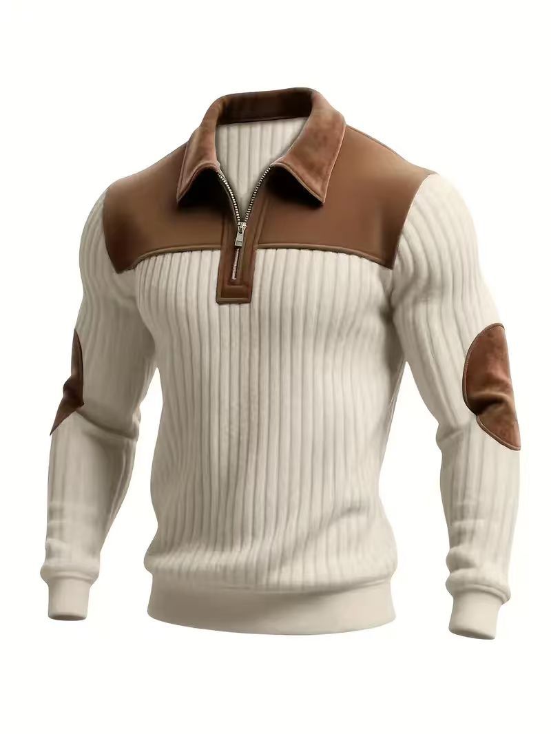Herren nan gerippter Halbzip-Pullover mit kontrastierenden Lederapplikationen an Schultern und Ellenbogen R&B