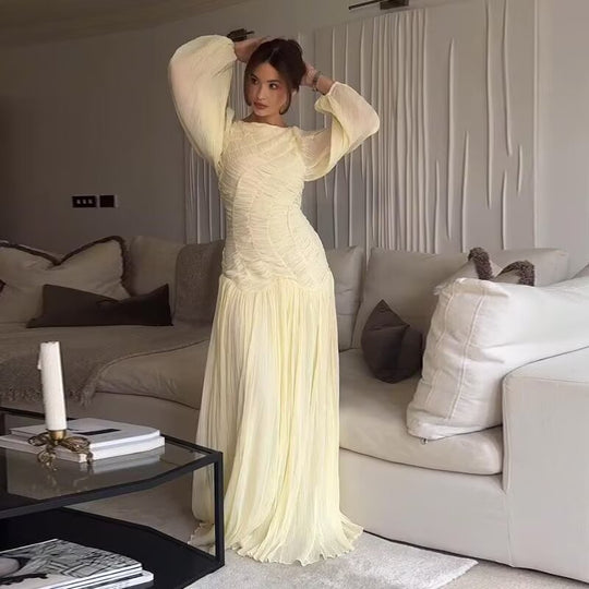 Damen Maxikleid mit eleganter Raffung und voluminösen Ärmeln R&B