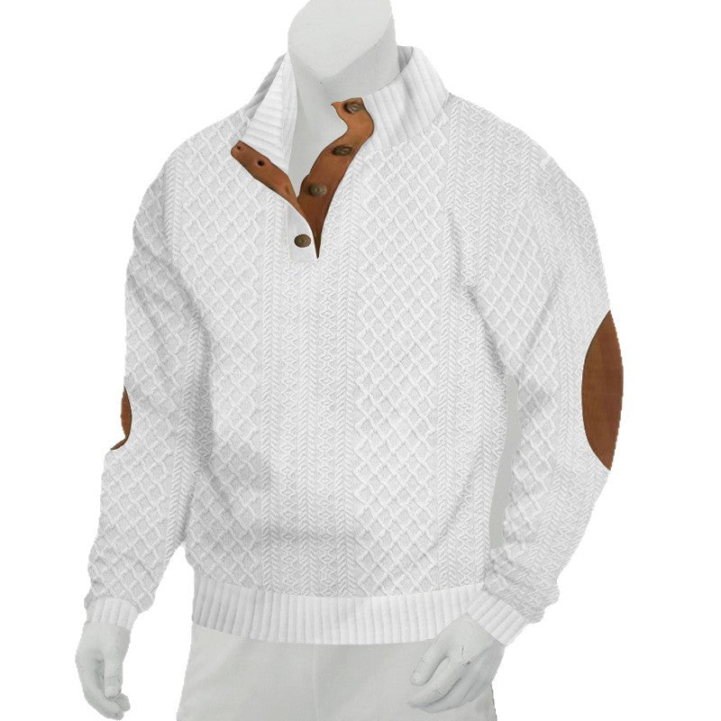 Herren nan grobstrukturierter Halfzip-Strickpullover mit kontrastreicher Knopfleiste und Ellbogenpatches R&B