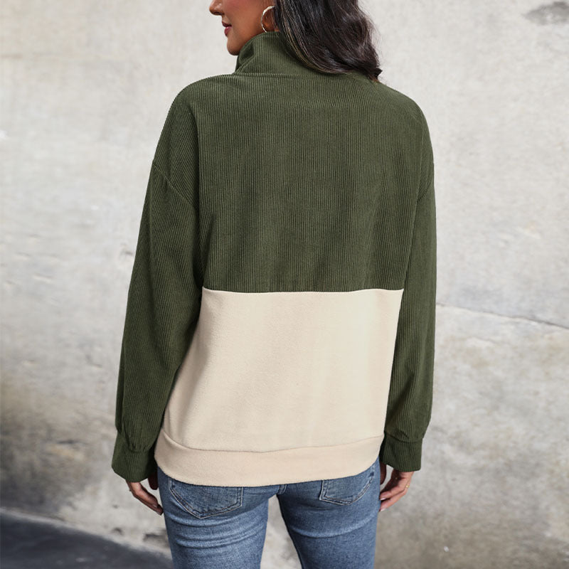 Damen gemütlicher Oversized Pullover mit Knopfleiste und farblich abgesetztem Design R&B