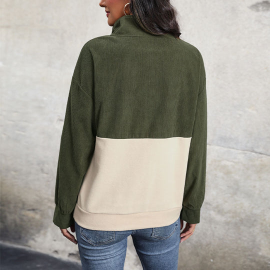 Damen gemütlicher Oversized Pullover mit Knopfleiste und farblich abgesetztem Design R&B