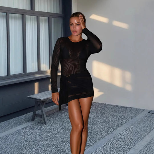 Damen Lustiges Langarm Mini-Kleid mit transparenten Netzdetails und asymmetrischem Saum R&B