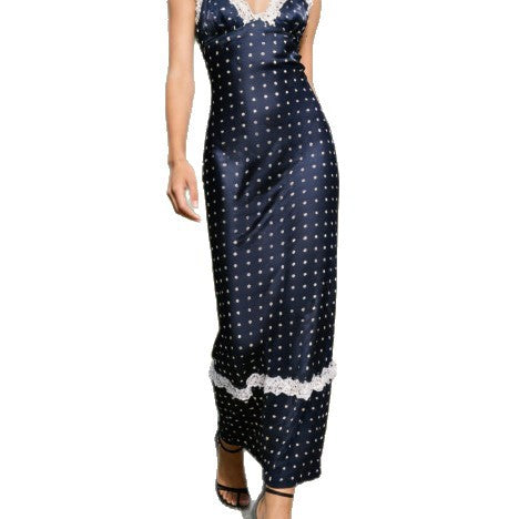 Damen Satin Nachthemd mit Spitzenapplikationen und Polka-Dots R&B