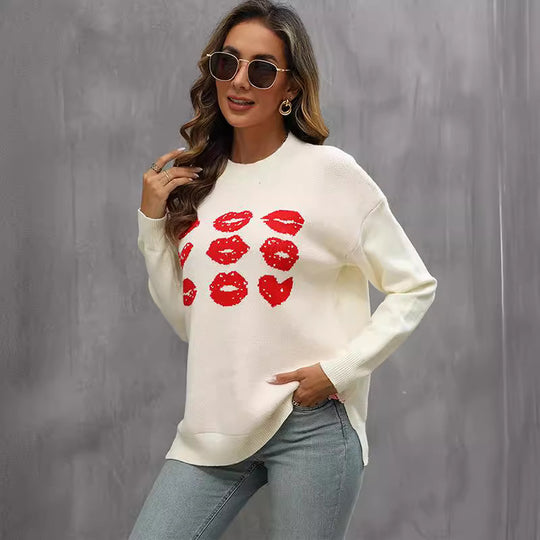 Damen Strickpullover mit glitzerndem Lippen-Motiv R&B