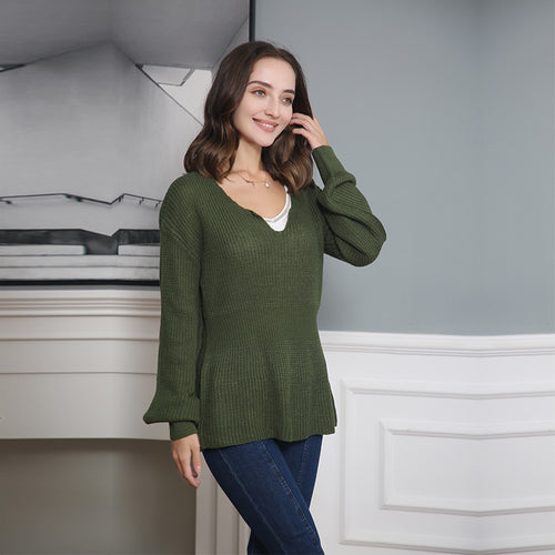 Damen Grobstrickpullover mit tiefem V-Ausschnitt und lässigem Schnitt R&B