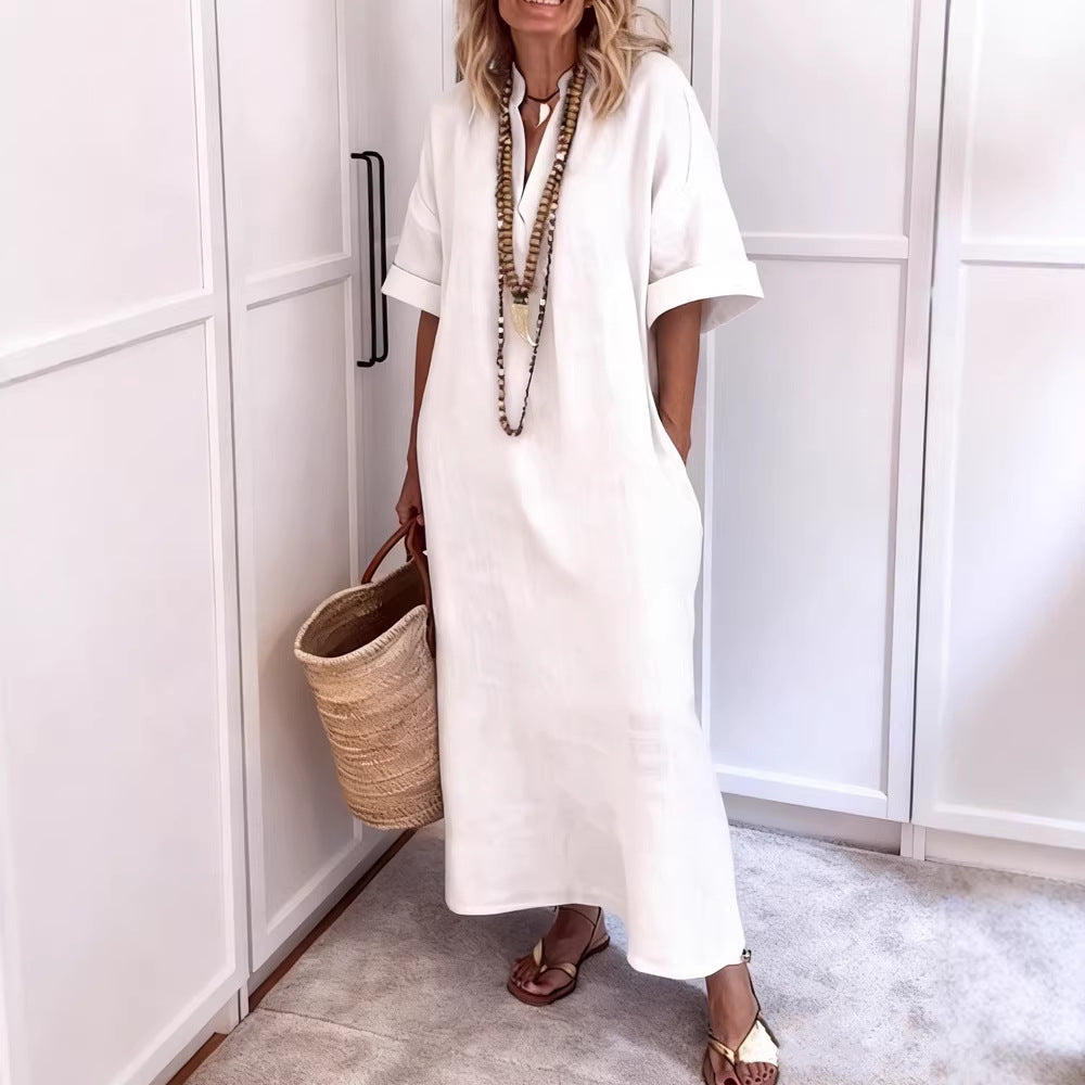 Damen Leinen Maxikleid mit V-Ausschnitt und praktischen Taschen R&B