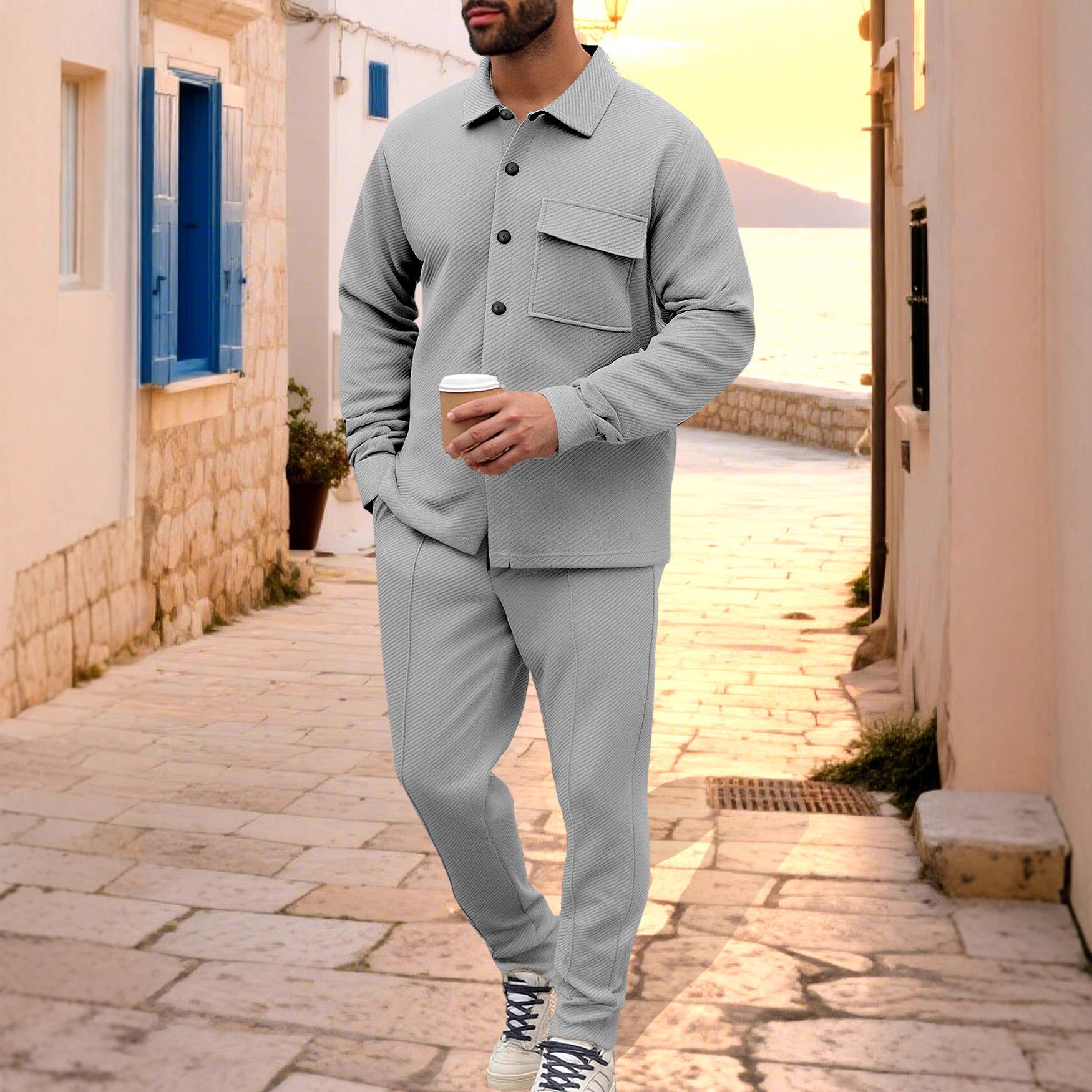 Herren nan Hemdenjacke-Set mit aufgesetzter Klappentasche und konischer Komforthose R&B
