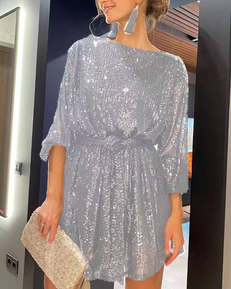 Damen Glamouröses Cocktailkleid mit funkelnden Lurex-Fäden und elastischem Taillengürtel R&B