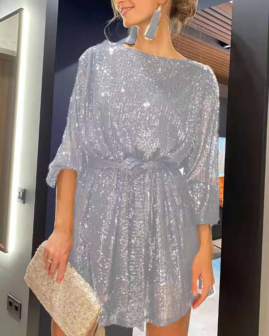 Damen Glamouröses Cocktailkleid mit funkelnden Lurex-Fäden und elastischem Taillengürtel R&B