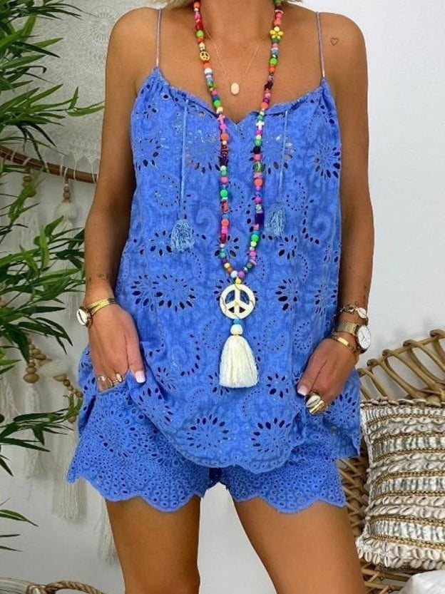 Damen luftiges Sommeroberteil mit Spitze und passenden Shorts R&B