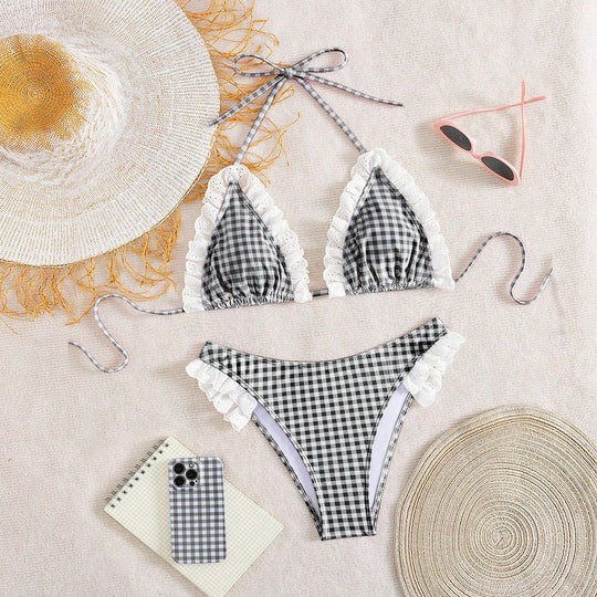 Damen Triangel-Bikini mit Rüschendetails und kariertem Design R&B