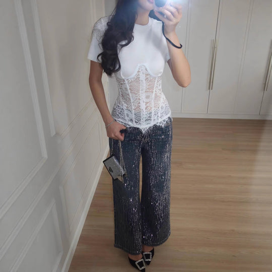 Damen nan T-Shirt mit eingesetztem Spitzenkorsett und konturierter Bügelnaht R&B