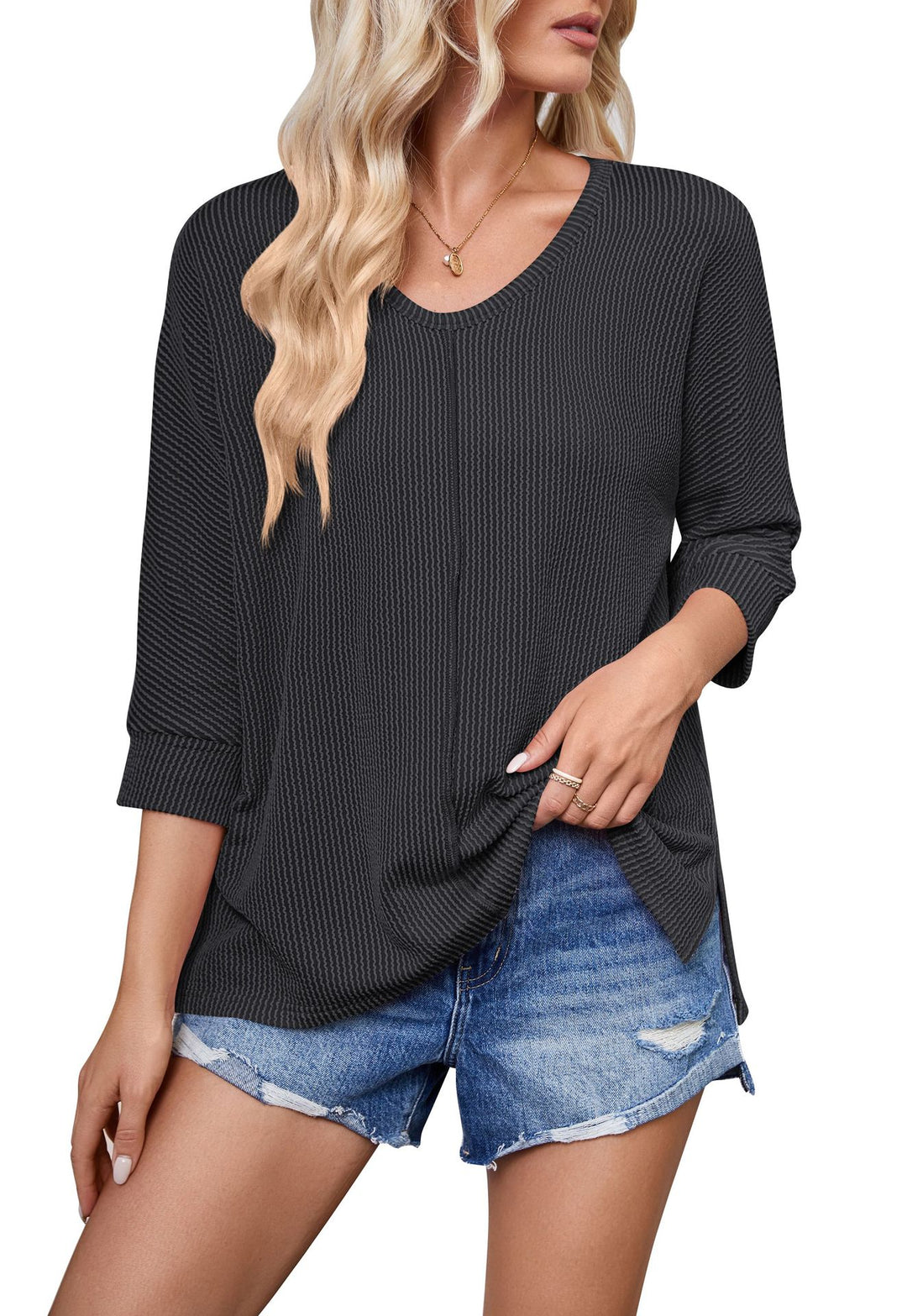 Damen lässiges V-Neck Oberteil mit strukturiertem Design und lockerer Passform R&B