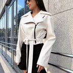 Damen Modische Kunstlederjacke mit taillierter Silhouette und trendy Gürtel R&B
