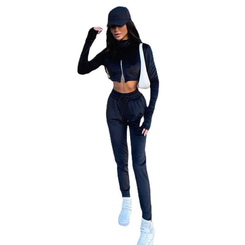 Damen lässiger Sportanzug mit kurzem Oberteil und hohem Kragen R&B