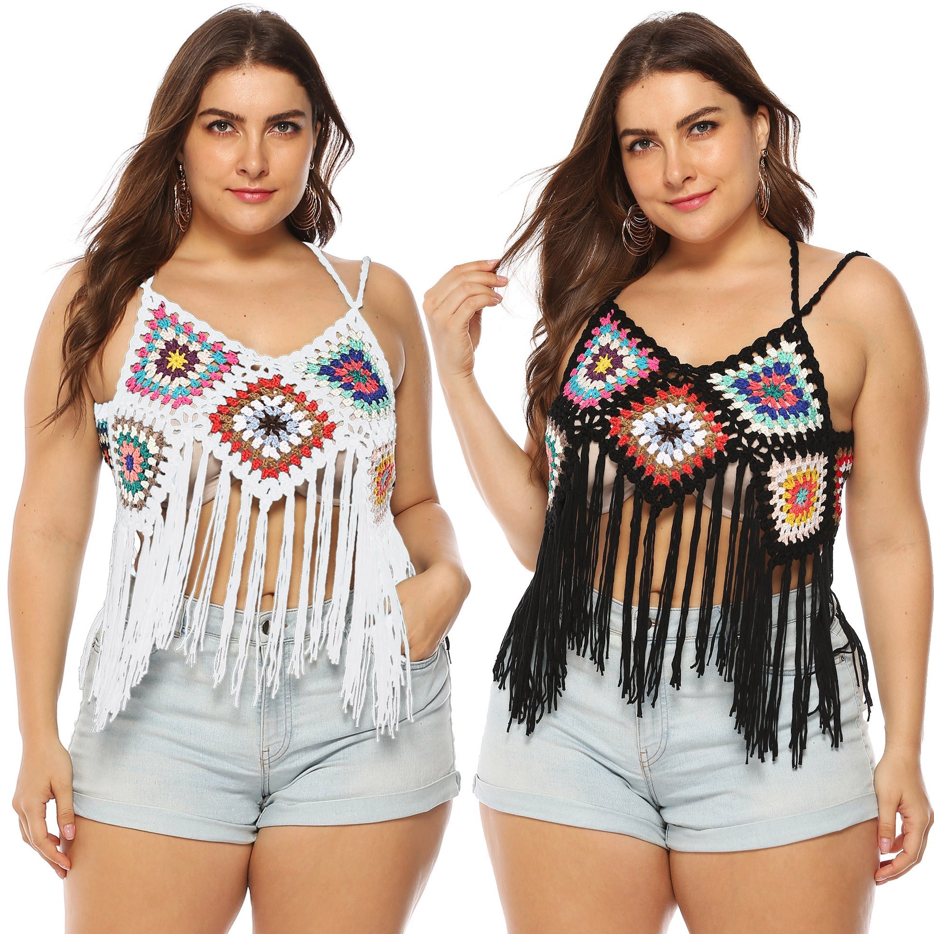 Damen gehäkeltes Crop-Top mit buntem Fransen-Design R&B