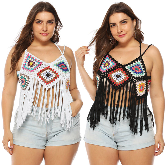 Damen gehäkeltes Crop-Top mit buntem Fransen-Design R&B