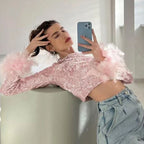 Damen Cropped Oberteil mit funkelndem Paillettenbesatz und fluffigen Ärmelbündchen R&B