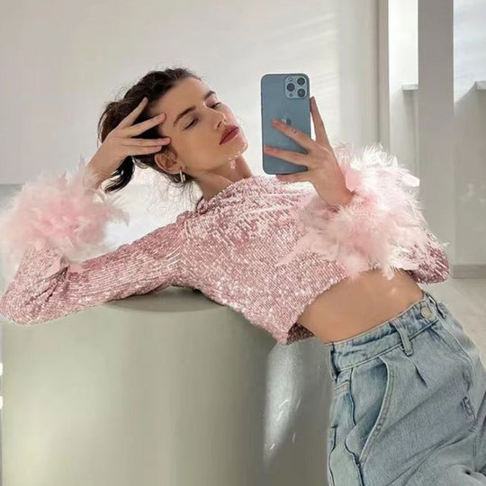 Damen Cropped Oberteil mit funkelndem Paillettenbesatz und fluffigen Ärmelbündchen R&B