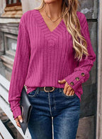 Damen V-Ausschnitt Strickpullover mit dekorativen Knöpfen R&B