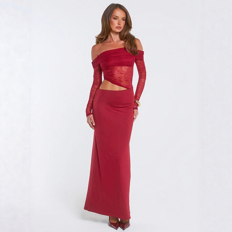 Damen elegantes Off-Shoulder-Maxikleid mit asymmetrischem Schnitt und transparenter Spitze R&B
