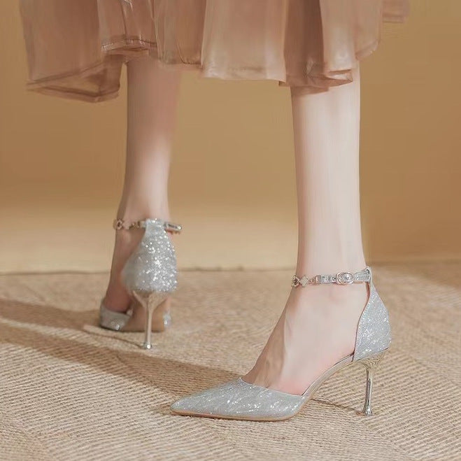 Damen elegante Pumps mit glitzerndem Strass und zartem Riemchen R&B