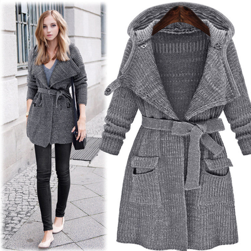 Damen Strickmantel mit Kapuze und praktischen Taschen R&B