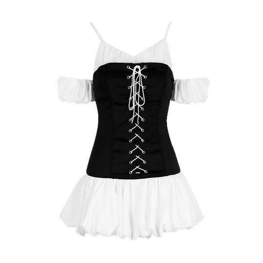 Damen Rüschenkleid mit Schnürung und abnehmbaren Trägern R&B