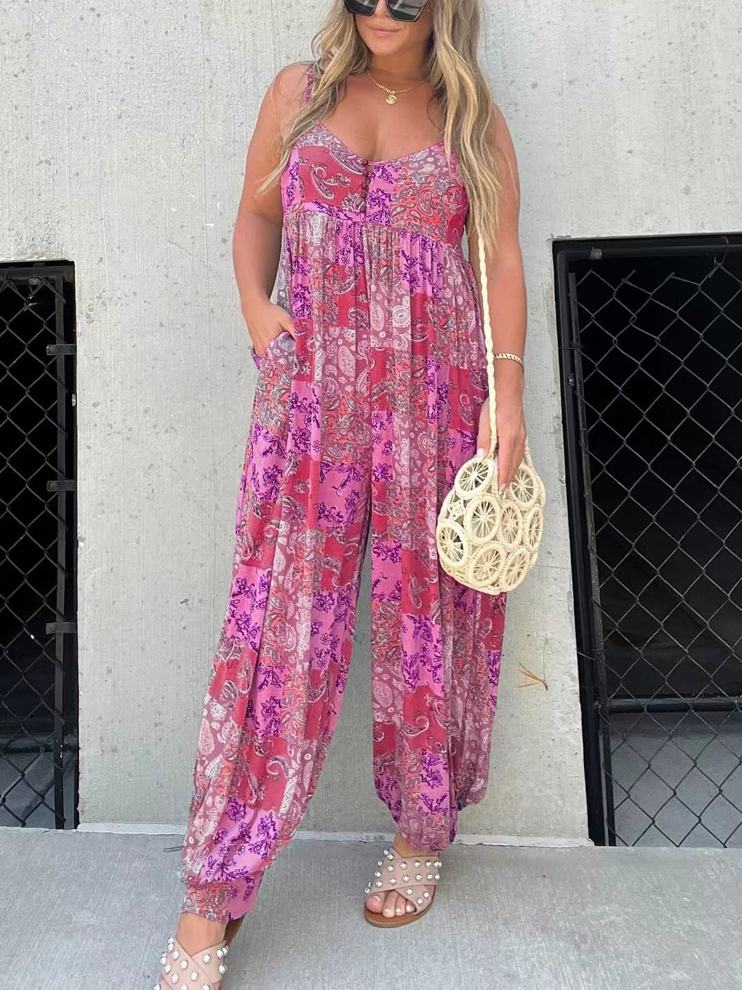 Damen Verspielter Maxijumpsuit mit floralem Muster und praktischen Taschen R&B
