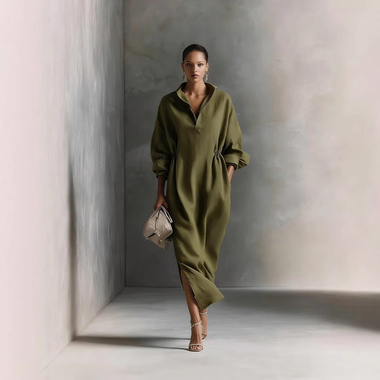 Damen stilvolles Midikleid mit Bindegürtel und klassischem Kragen R&B