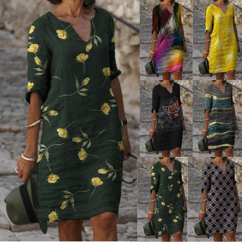 Damen Sommerliches Leinenkleid mit modernem Muster R&B