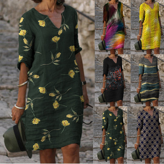 Damen Sommerliches Leinenkleid mit modernem Muster R&B