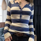 Damen Langarmshirt mit Knopfleiste und Streifenmuster R&B