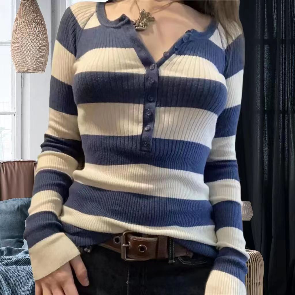 Damen Langarmshirt mit Knopfleiste und Streifenmuster R&B
