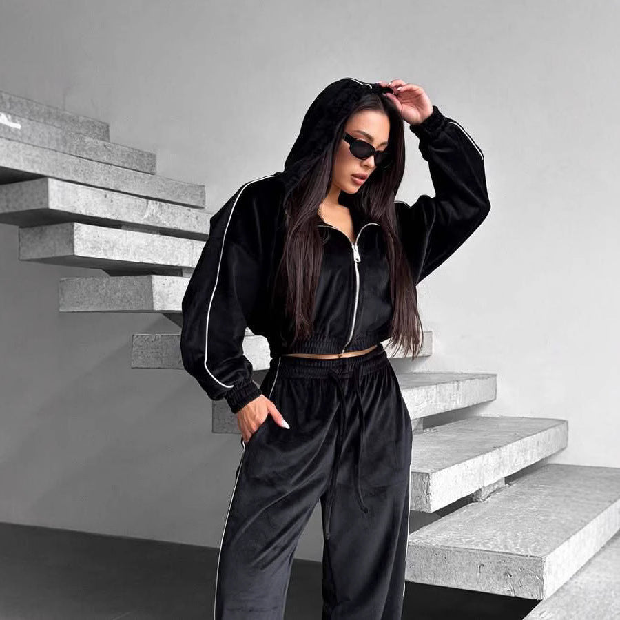 Damen Loungewear-Anzug aus hochwertigem Velours mit Kapuze und elastischem Bund R&B
