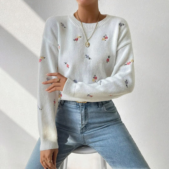 Damen kuscheliger Strickpullover mit floralem Motiv R&B